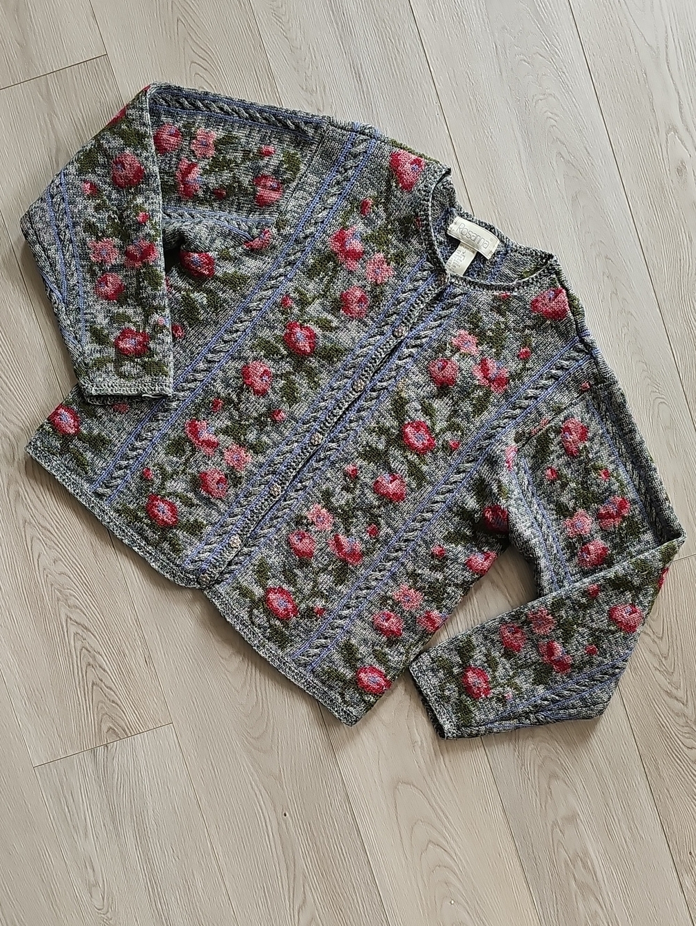 Rosanna Wool Granny Cottagecore Knit Floral Cardigan Sweater, Lrg